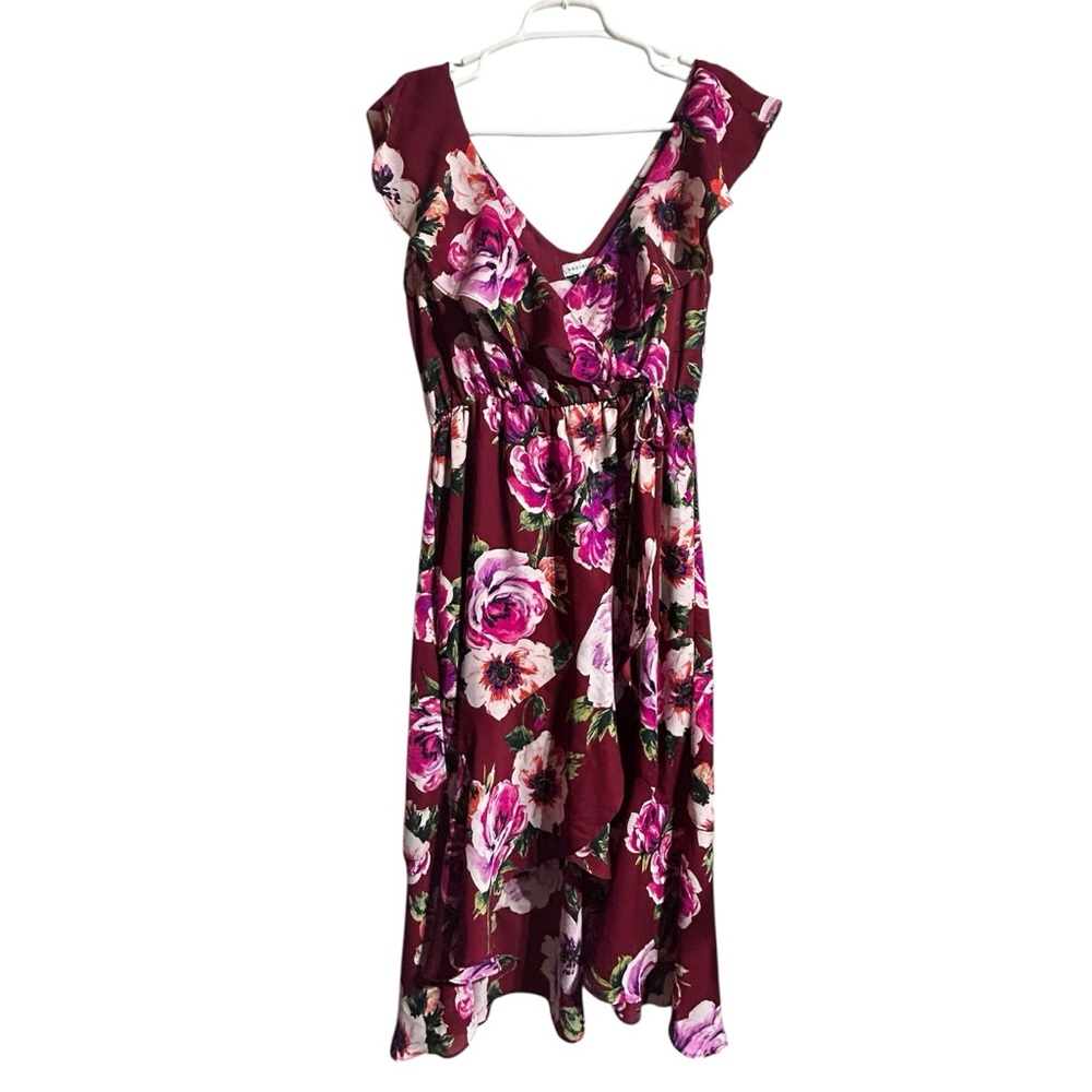 Socialite V-neck Flounce Floral Dress in Burgundy and Pink